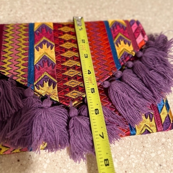 Ethnic Boho Large Clutch Suede Wristlet Bag Handmade Embroidery Tassels Indi NEW - Picture 13 of 16